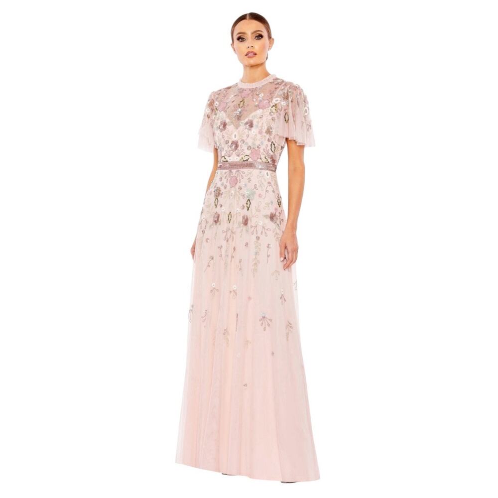 Mac Duggal 9136 Embroidered Floral Tulle Flutter Sleeve Gown Size 10 $698
